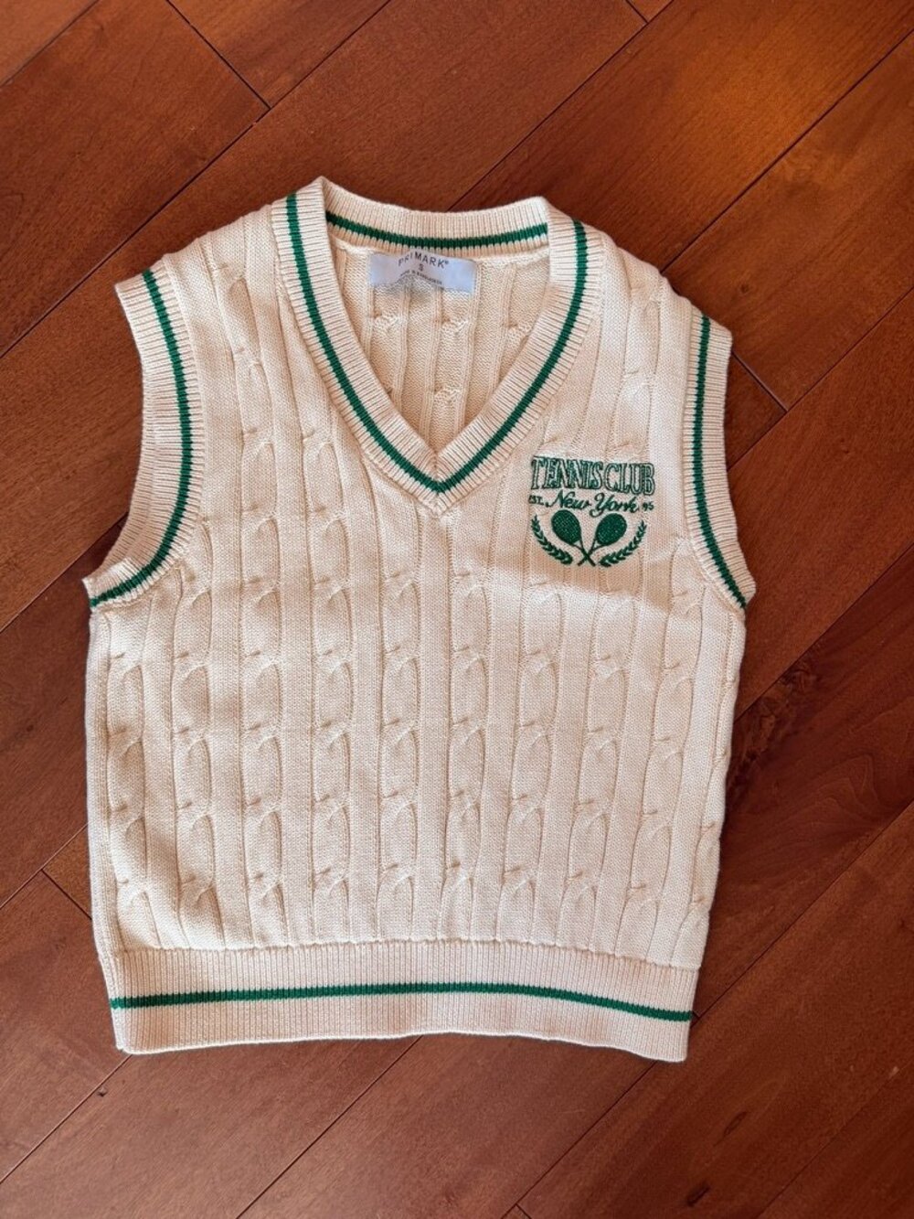 Primark Tennis Club Cable Knit Sweater Vest Cream Green Preppy S NWOT